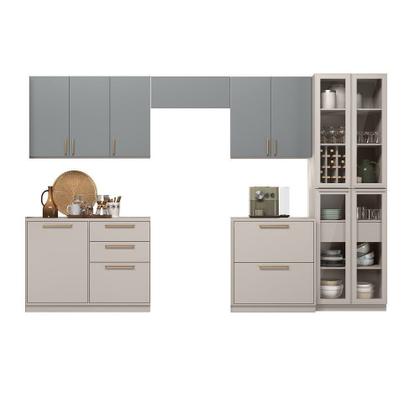 Imagem de Cozinha Modulada 6 Peças 12 Portas 5 Gavetas com Cristaleira MDF Rodapé em PVC Essence Itatiaia Cinza/Fendi