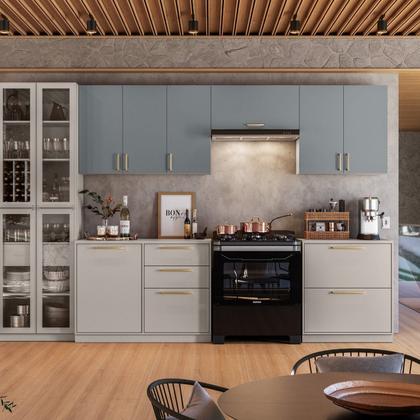 Imagem de Cozinha Modulada 6 Peças 12 Portas 5 Gavetas com Cristaleira MDF Rodapé em PVC Essence Itatiaia Cinza/Fendi