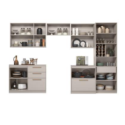 Imagem de Cozinha Modulada 6 Peças 12 Portas 5 Gavetas Com Cristaleira MDF Rodapé em PVC Essence Itatiaia