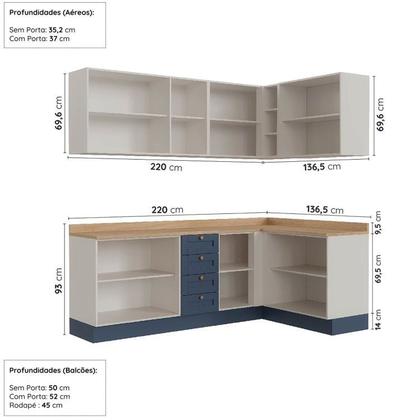 Imagem de Cozinha Modulada 6 Peças 3 Armários Aéreos e Nichos, 3 Balcões Cabecasa Madeiramadeira Azul/Branco