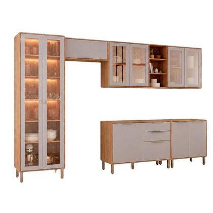 Imagem de Cozinha Modulada 6 Peças Brilhante com 1 Cristaleira 2 Balcões 3 Armários Aéreo Bege/Cinamomo/Platina