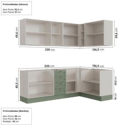 Imagem de Cozinha Modulada 6 Peças sem Tampo 3 Armários Aéreos e Nichos, 3 Balcões Cabecasa Madeiramadeira Verde Menta/Branco