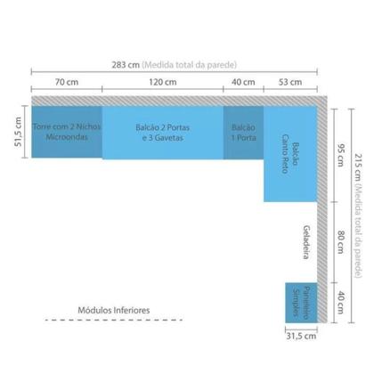 Imagem de Cozinha Modulada 9 Peças 15 Portas 3 Gavetas Sem Tampo Yara Luciane