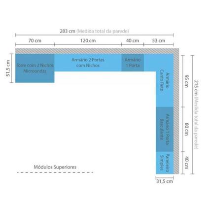 Imagem de Cozinha Modulada 9 Peças 15 Portas 3 Gavetas Sem Tampo Yara Luciane