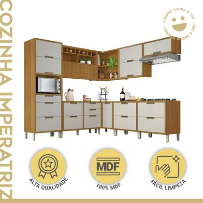 Imagem de Cozinha Modulada 9 Peças com 4 Aéreos 4 Balcões 1 Paneleiro Ripado Imperatriz 100% MDF Marrom/Freijó/Offwhite
