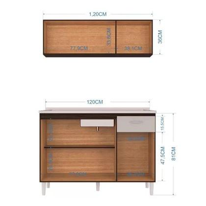 Imagem de Cozinha Modulada Alice 120cm Armário Aéreo e Balcão para Pia Branca Poquema 