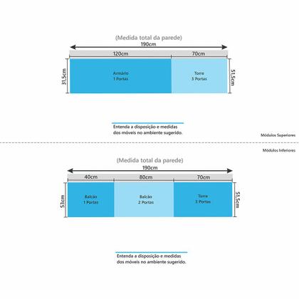 Imagem de Cozinha Modulada Compacta 4 Peças Balcões Aéreos com Vidro Reflecta e Tampo Aspen Luciane Móveis