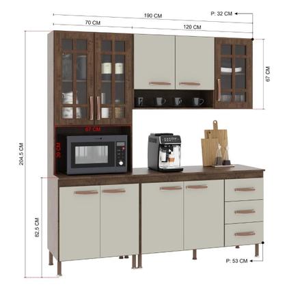 Imagem de Cozinha Modulada Compacta Fidelitá Lisboa 3 Peças 190cm 9 Portas 3 Gavetas Com Tampo Noce/Off-White
