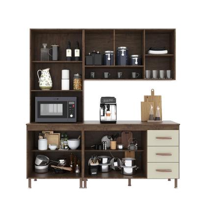 Imagem de Cozinha Modulada Compacta Fidelitá Lisboa 3 Peças 190cm 9 Portas 3 Gavetas Com Tampo Noce/Off-White