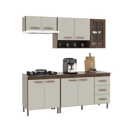 Imagem de Cozinha Modulada Compacta Fidelitá Lisboa 4 Peças 190cm 9 Portas 3 Gavetas Com Tampo Noce/Off-White