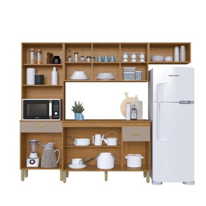 Imagem de Cozinha Modulada Compacta Fidelitá Mariana 4 Peças 250cm 12 Portas 2 Gavetas Com Tampo Freijó Camurça