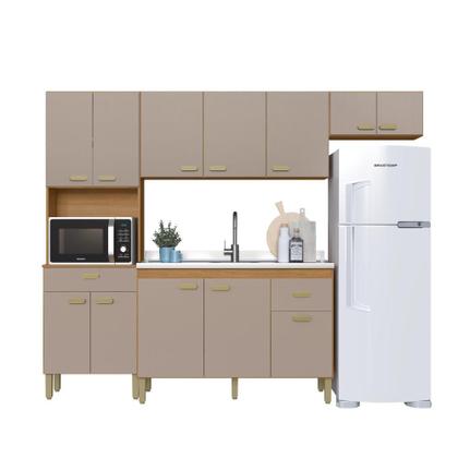 Imagem de Cozinha Modulada Compacta Fidelitá Mariana 4 Peças 250cm 12 Portas 2 Gavetas Sem Tampo Freijó Camurça