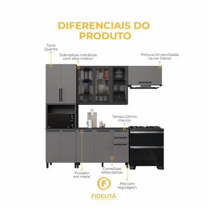 Imagem de Cozinha Modulada Compacta Fidelitá Mônaco 4 Peças 270cm 11 Portas 2 Gavetas Com Tampo Chumbo/Titânio