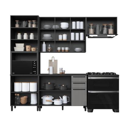 Imagem de Cozinha Modulada Compacta Fidelitá Mônaco 4 Peças 270cm 11 Portas 2 Gavetas Com Tampo Chumbo/Titânio
