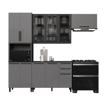 Imagem de Cozinha Modulada Compacta Fidelitá Mônaco 4 Peças 270cm 11 Portas 2 Gavetas Com Tampo Chumbo/Titânio