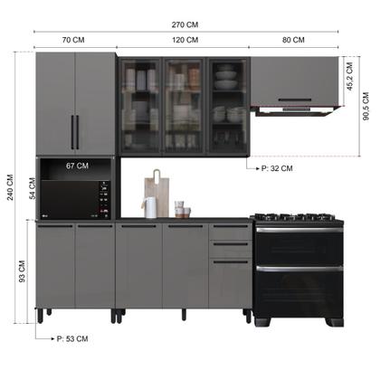 Imagem de Cozinha Modulada Compacta Fidelitá Mônaco 4 Peças 270cm 11 Portas 2 Gavetas Com Tampo Chumbo/Titânio
