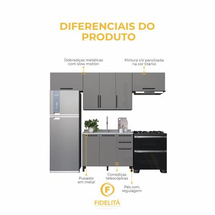 Imagem de Cozinha Modulada Compacta Fidelitá Mônaco 4 Peças 280cm 8 Portas 2 Gavetas Sem Tampo Chumbo/Titânio