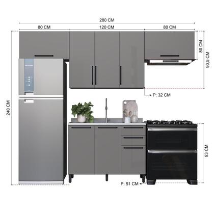 Imagem de Cozinha Modulada Compacta Fidelitá Mônaco 4 Peças 280cm 8 Portas 2 Gavetas Sem Tampo Chumbo/Titânio