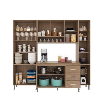 Imagem de Cozinha Modulada Compacta Fidelitá Paris 4 Peças 225cm 11 Portas 3 Gavetas Com Tampo Nogal/Salinas