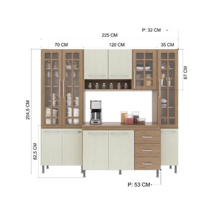 Imagem de Cozinha Modulada Compacta Fidelitá Paris 4 Peças 225cm 11 Portas 3 Gavetas Com Tampo Nogal/Salinas