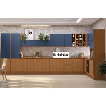 Imagem de Cozinha Modulada Completa Ciela 22 Peças (5Aéreos+6Balcões+3Paneleiros+8Complementos) C22P82 Canela/Azul Profundo - Kappesberg