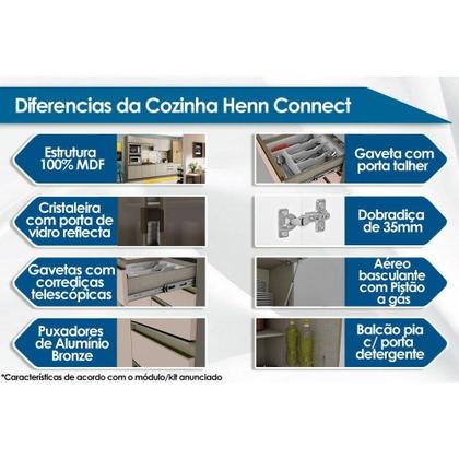 Imagem de Cozinha Modulada Completa Connect 11 Peças (4 Armários + 4 Balcões + 1 Paneleiro + 2 Complementos) C11P01 Duna/Cristal - Henn