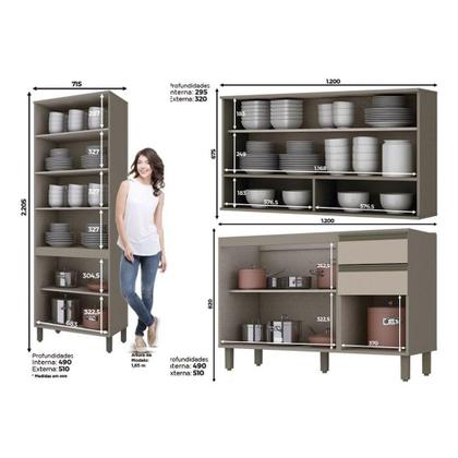 Imagem de Cozinha Modulada Completa Connect 7 Peças (2 Armários + 2 Balcões + 1 Paneleiro + 2 Complementos) C7P03 Duna/Cristal - Henn