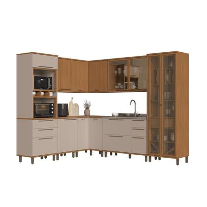 Imagem de Cozinha Modulada Completa Fidelitá Barcelona 8 Peças 484cm 15 Portas 5 Gavetas Sem Tampo Freijó/Camurça