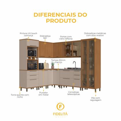 Imagem de Cozinha Modulada Completa Fidelitá Barcelona 8 Peças 484cm 15 Portas 5 Gavetas Sem Tampo Freijó/Camurça