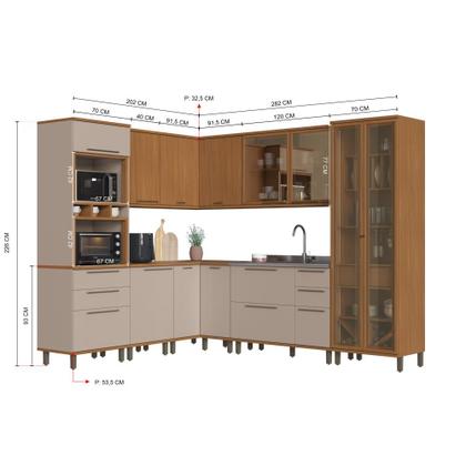 Imagem de Cozinha Modulada Completa Fidelitá Barcelona 8 Peças 484cm 15 Portas 5 Gavetas Sem Tampo Freijó/Camurça