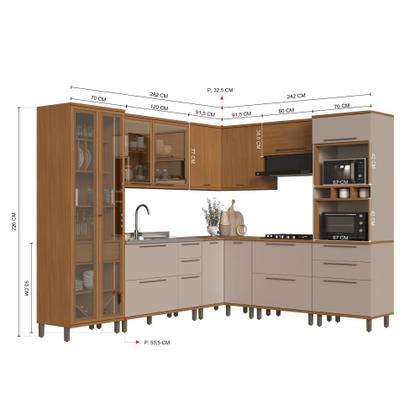 Imagem de Cozinha Modulada Completa Fidelitá Barcelona 8 Peças 524cm 16 Portas 5 Gavetas Sem Tampo Freijó/Camurça