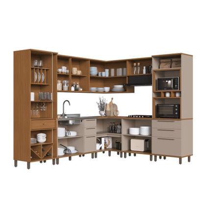 Imagem de Cozinha Modulada Completa Fidelitá Barcelona 8 Peças 524cm 16 Portas 5 Gavetas Sem Tampo Freijó/Camurça