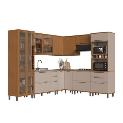 Imagem de Cozinha Modulada Completa Fidelitá Barcelona 8 Peças 524cm 16 Portas 5 Gavetas Sem Tampo Freijó/Camurça