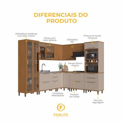 Imagem de Cozinha Modulada Completa Fidelitá Barcelona 8 Peças 524cm 16 Portas 5 Gavetas Sem Tampo Freijó/Camurça