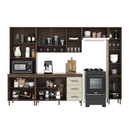 Imagem de Cozinha Modulada Completa Fidelitá Lisboa 5 Peças 295cm 12 Portas 3 Gavetas Com Tampo Noce/Off-White