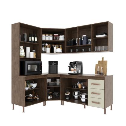 Imagem de Cozinha Modulada Completa Fidelitá Lisboa 5 Peças 340cm 12 Portas 3 Gavetas Com Tampo Noce/Off-White