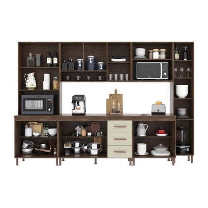 Imagem de Cozinha Modulada Completa Fidelitá Lisboa 6 Peças 295cm 15 Portas 3 Gavetas Com Tampo Noce/Off-White