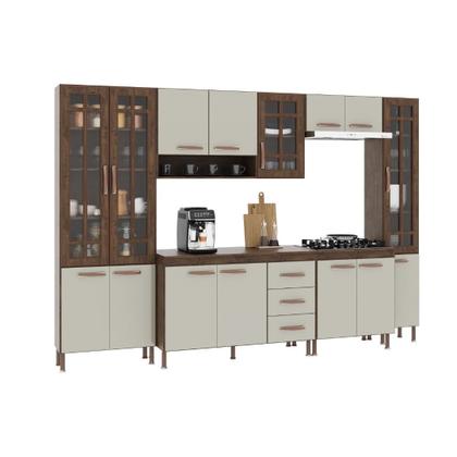 Imagem de Cozinha Modulada Completa Fidelitá Lisboa 6 Peças 295cm 15 Portas 3 Gavetas Com Tampo Noce OffWhite