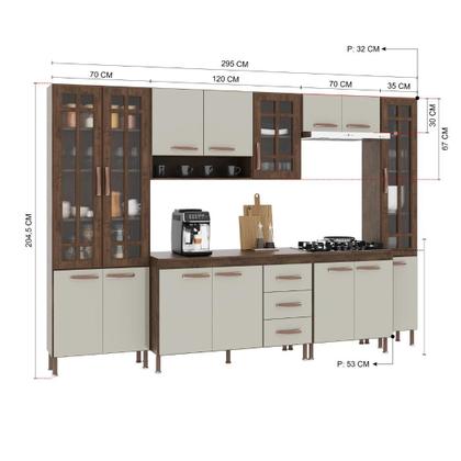 Imagem de Cozinha Modulada Completa Fidelitá Lisboa 6 Peças 295cm 15 Portas 3 Gavetas Com Tampo Noce OffWhite