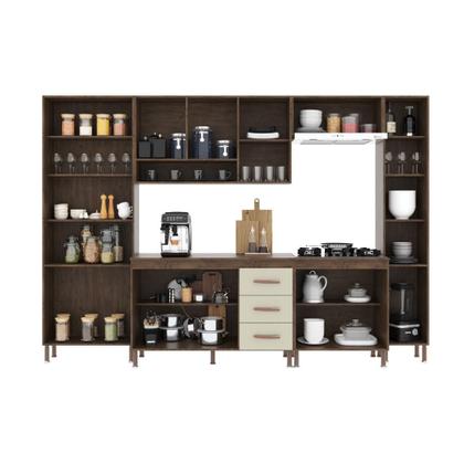 Imagem de Cozinha Modulada Completa Fidelitá Lisboa 6 Peças 295cm 15 Portas 3 Gavetas Com Tampo Noce OffWhite