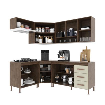 Imagem de Cozinha Modulada Completa Fidelitá Lisboa 6 Peças 340cm 12 Portas 3 Gavetas Com Tampo Noce/Off-White