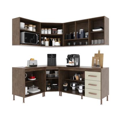 Imagem de Cozinha Modulada Completa Fidelitá Lisboa 6 Peças 340cm 12 Portas 3 Gavetas Com Tampo Noce/Off-White
