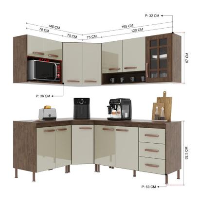 Imagem de Cozinha Modulada Completa Fidelitá Lisboa 6 Peças 340cm 12 Portas 3 Gavetas Com Tampo Noce/Off-White