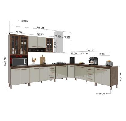 Imagem de Cozinha Modulada Completa Fidelitá Lisboa 7 Peças 600cm 16 Portas 6 Gavetas Com Tampo Noce/Off-White