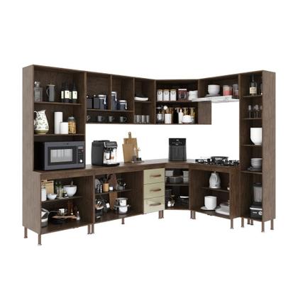 Imagem de Cozinha Modulada Completa Fidelitá Lisboa 8 Peças 445cm 18 Portas 3 Gavetas Com Tampo Noce/Off-White