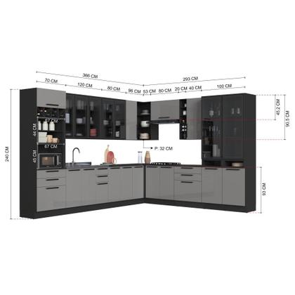 Imagem de Cozinha Modulada Completa Fidelitá Mônaco 14 Peças Com Rodapé 659cm 23 Portas 6 Gavetas Sem Tampo Chumbo/Titânio
