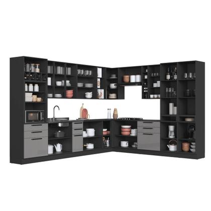 Imagem de Cozinha Modulada Completa Fidelitá Mônaco 14 Peças Com Rodapé 659cm 23 Portas 6 Gavetas Sem Tampo Chumbo/Titânio