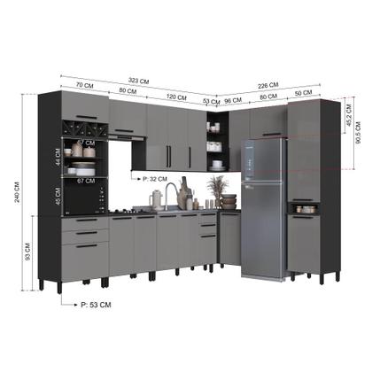 Imagem de Cozinha Modulada Completa Fidelitá Mônaco 9 Peças 549cm 16 Portas 4 Gavetas Sem Tampo Chumbo/Titânio