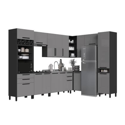 Imagem de Cozinha Modulada Completa Fidelitá Mônaco 9 Peças 549cm 16 Portas 4 Gavetas Sem Tampo Chumbo/Titânio
