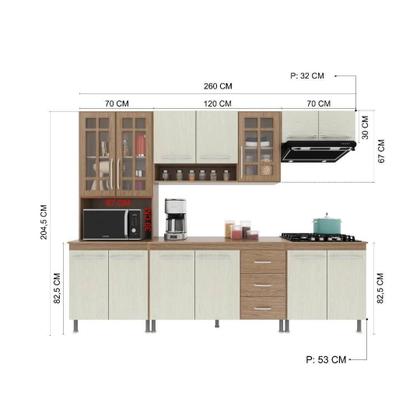 Imagem de Cozinha Modulada Completa Fidelitá Paris 5 Peças 260cm 13 Portas 3 Gavetas Com Tampo Nogal/Salinas
